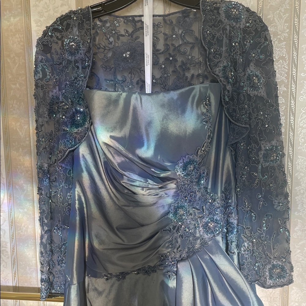 Montage by Mon Cheri Shimmering Silver and Periwinkle elegant gown